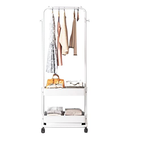 QHFTREX 2-in-1-Kleiderständer, Garderobenständer mit 2-stufigem Korb, Rollbarer Kleider-Organizer auf Rädern für Zuhause, Schlafzimmer, Wäscherei, kleine Räume, Eingangsbereich/Weiß powerfully