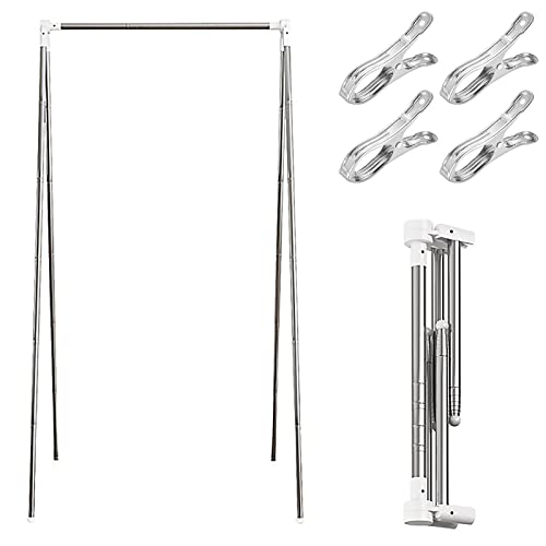 Aisny Kleiderständer, Ausziehbar Kleiderstange Klappbar Garderobenständer Höhenverstellbar Teleskop Kleiderstange mit 4 Wäscheklammer Leicht Clothes Rack für Camping Reise Balkon Innenhof
