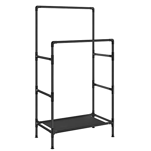 SONGMICS Kleiderständer, Garderobenständer aus Metall, mit 2 Kleiderstangen, 1 Ablage, bis 55 kg belastbar, einfache Montage, schwarz RDR001B02