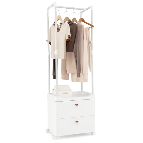 COSTWAY Kleiderständer mit 2 Schubladen, Garderobenständer weiß mit feststellbaren Rollen, Mantelhalter mit Kleiderstange, Ablageflächen & 4 abnehmbaren Haken für Flur, Schlafzimmer 52 x 40 x 161 cm
