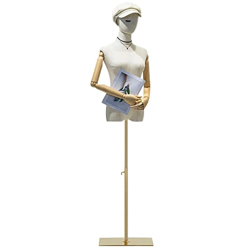 pujindu Schaufensterpuppe Körper Weiblich, Schneiderpuppe Torso mit Hölzernen Arm Abnehmbarer Kopf, Kleiderform Anzeige für Nähpuppe, Höhen Verstellbare 140-190cm (Farbe : Gold, Größe : M)