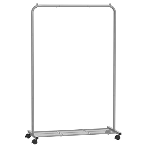 SONGMICS Kleiderständer, Kleiderstange auf Rollen, Garderobenständer Metall, Rollgarderobe 91 cm breit, mit Ablage, 2 Rollen mit Bremse, Stange bis 40 kg belastbar, grau HSR025G01