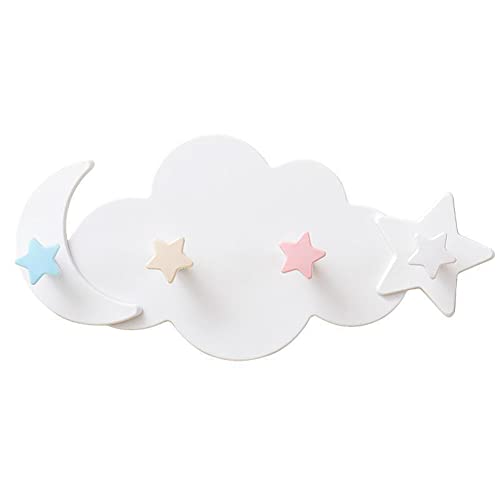 Koomuao Kinder Garderobe mit 4 Kleiderhaken,Ohne Bohren Garderobenleiste ,Garderobenhaken Kinderzimmer ,Wolken Design Hakenleiste für Mädchen und Jungen - Wandgarderobe (4 Haken)