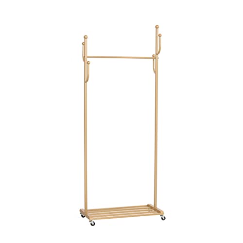 STARMS 2-In-1-Garderobenständer, Rollbarer Kleiderständer Mit Bodenregalen, 4 Seitlichen Haken, Abschließbaren Rädern, Zum Aufhängen Von Kleidung, Tragbarer Kleidung/Gold/80Cm