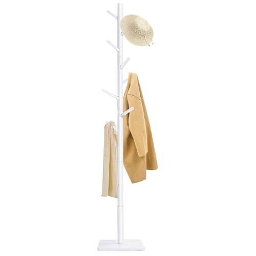Yawinhe Garderobenständer, Kleiderständer aus Massivholz,Garderobe in Baumform mit Anti-Rutsch-Pad,180cm Höhe,Mit 8-Haken und 3-verstellbaren Höhen,für Eingänge,Wohnzimmer,Weiß,1 Pack