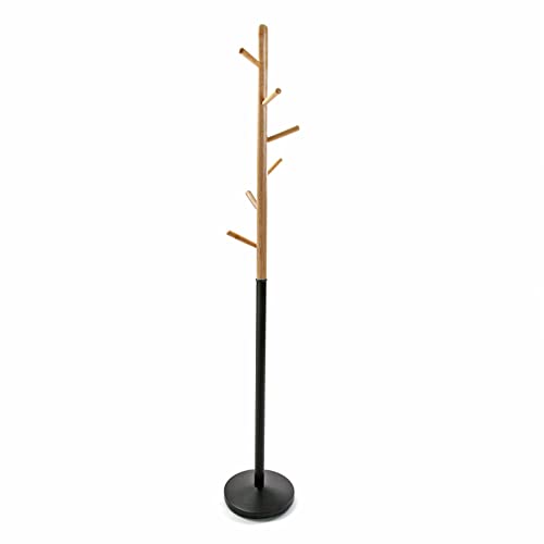 Versa Holstebro Minimalistischer Garderobenständer für den Eingangsbereich, mit 9 Haken für Kleidung oder Taschen, Maßnahmen (H x L x B) 180 x 28 x 28 cm, Metall und Holz, Farbe: Schwarz