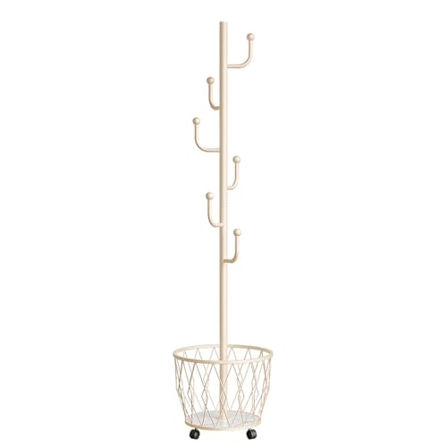 Garderobenständer aus Metall mit 6 Haken Hängekorb, stabiler Kleiderständer mit Rollen und Rollen, weiß, Kleiderschrank-Organizer für Mäntel, Jacken, Taschen, Beige