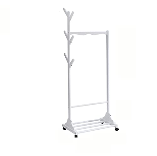 RUTAVM Garderobenständer Garderobenständer Holz 2 In 1 Garderobe Universalrad Großer Stauraum 6 Haken Kleiderständer (Color : White, Size : 42cm x65cm x170cm)