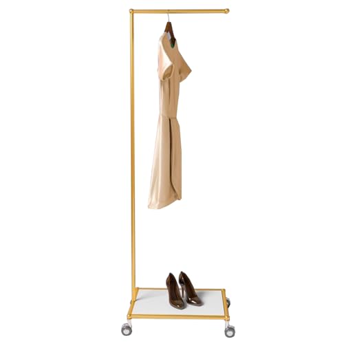 LXXSHOPDS Garderobenständer Goldener Kleiderständer Mit Rollen, Freistehender Kleiderbügel Aus Metall Mit Holzsockel, Moderner L-förmiger Garderobe Für Eingangsbereich, Schlafzimmer, 40X35X170CM