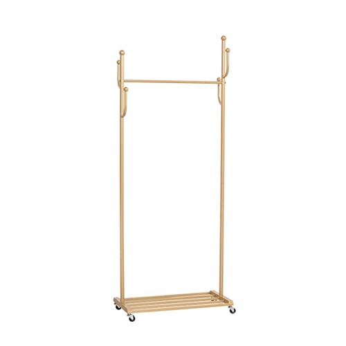 STARMS 2-In-1-Garderobenständer, Rollbarer Kleiderständer Mit Bodenregalen, 4 Seitlichen Haken, Abschließbaren Rädern, Zum Aufhängen Von Kleidung, Tragbarer Kleidung/Gold/100Cm