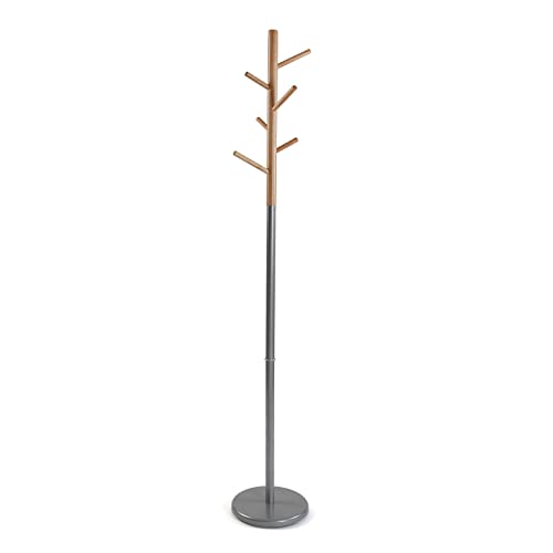 Versa Malmö Minimalistischer Garderobenständer für den Eingangsbereich, mit 6 Haken oder Kleiderbügeln für Kleidung oder Taschen, Maßnahmen (H x L x B) 171 x 28 x 28 cm, Metall und Holz, Farbe: Grau