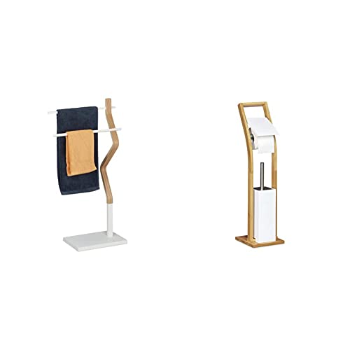 Relaxdays Handtuchhalter stehend, Handtuchständer mit 2 Stangen, weiß/Natur & Stand WC Garnitur Holz HBT 75 x 19 x 19 cm Toilettenbürstenhalter aus Bambus weiß