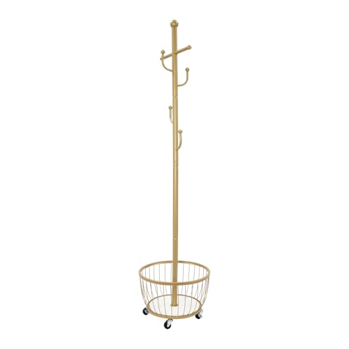 Garderobenständer, Stehende Garderobe mit Aufbewahrungskorb und Rollen 6 Haken Höhe 168 cm für Flur Schlafzimmer Badezimmer Foyer (Gold)