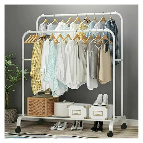 Robuster Kleiderständer für Schlafzimmer – Rollbarer Kleiderständer mit doppelten oberen Stangen und unterem Stauraum – Stabiler Kleiderständer für effizienten Heimgebrauch