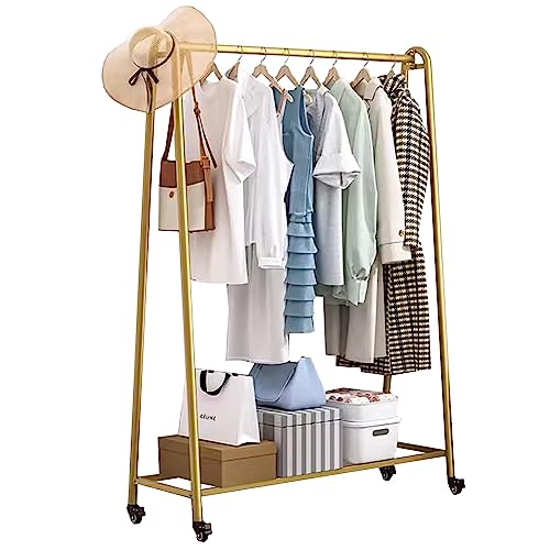 kleiderständer Garderobenständer Auf Rädern,Kleiderbügel Mit Ablagefläche,stabiler Metallrahmen,Rollbarer Kleiderstange Zum Aufhängen Von Kleidung, Mänteln, Röcken (Gold)(Size:150X40X160CM,Color:Gold)