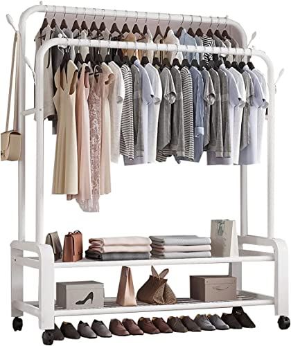 Garderobenständer Kleiderständer mit Doppelstange, Kleiderständer mit Regalen und tragbarem, rollbarem Kleiderständer auf Rädern für das Schlafzimmer im Innenbereich, Wohnzimmer (F