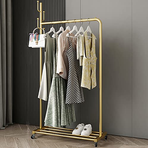 FJANKUI Kleiderständer mit abschließbaren Rädern, 3-in-1 Kleiderständer zum Aufhängen von Kleidung, 5 seitlichen Haken und unteren Regalen, zum Organisieren von Kleidung, Taschen, Hüten (80 cm) Gold)