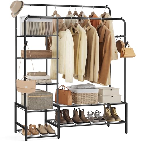 SONGMICS Kleiderständer, offener Kleiderschrank, Garderobenständer mit 7 Ablagen, Metallrahmen, Kleiderstange, für Schlafzimmer, Wohnzimmer, Eingangsbereich, schwarz HSR182B01