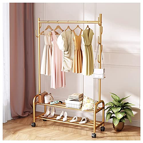 STARMS Garderobenständer, Rollbarer Kleiderständer Mit Unteren Ablagen, 7 Seitlichen Haken, Strapazierfähiger Kleiderständer Auf Rädern Und Unteren Ablagen/Gold/60Cm