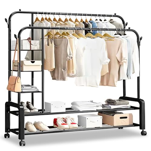 ALKNOT -Kleiderständer,Kleiderstange,Kleiderständer auf Rollen,kleiderstange rollen,kleiderständer stabil,kleiderständer schwarz,kleiderständer mit rollen mit zwei Kleiderstangen(Schwarz)