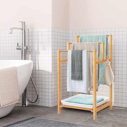 uyoyous Handtuchständer Holz mit 3 Handtuchstangen, Bambus Handtuchhalter Freistehend, Ablage, Badetuchhalter HxBxT: 90 x 51 x 31 cm, Natur