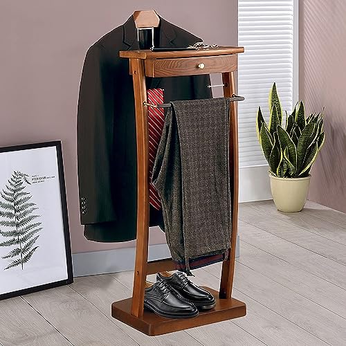 Multifunktional Damendiener Garderobenständer Hölzern Herrendiener Stummer Diener mit Schublade und Tablett Kleiderstange mit Hosenbügel mit Rutschfester Gummimanschette