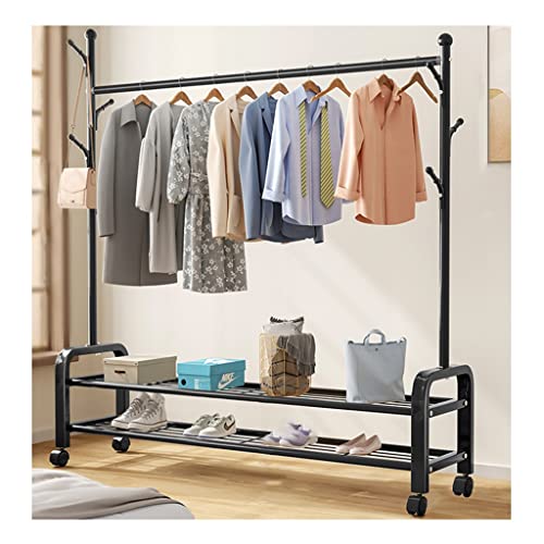Robuster rollbarer Kleiderständer – handelsübliche Qualität, doppelte Ra 90 kg Tragkraft, verstellbare Größe (150 x 34 x 175 cm, schwarz)