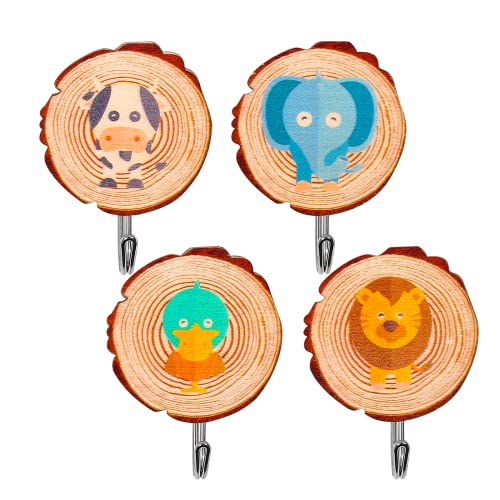 Johiux 4 Stücke Selbstklebender Haken aus Holz,Klebehaken Kinder Kleiderhaken,Wandhaken,Selbstklebende Kinderkleiderhaken werden für Handtücher, Rucksäcke, Mützen und Mäntel verwendet.