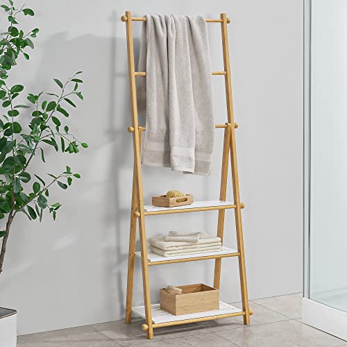 [en.casa] Bambus Standregal mit Handtuchstangen Lapinjärvi Badregal 152 x 53 x 31 cm Handtuchständer stehend Natur/Weiß