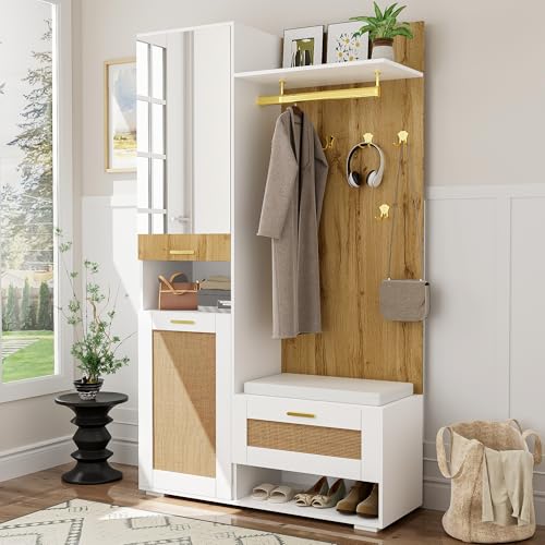 ZYLOYAL10 Garderoben-Set, Kleiderschrank-Set mit Spiegel, 5 goldenen Kleiderhaken, Schuhschrank, Wandgarderobe, oberem Stauraumfach, Sitzbank und 16-Farbiger LED-Beleuchtung