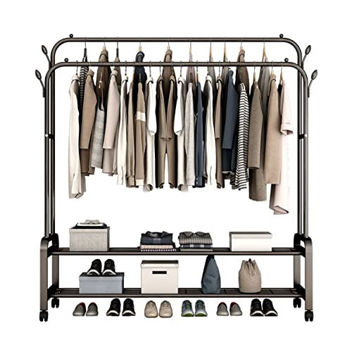 STARMS Doppelstangen-Kleiderständer Kleiderständer Mit Regalen Und Tragbarem Rollbarem Kleiderständer Auf Rädern Für Das Wohnzimmer Im Innenbereich/Black/162 * 52 * 150Cm