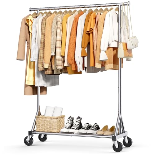 Sakugi Kleiderständer auf Rollen – Robuste Kleiderstange aus Edelstahl mit Mesh-Regal, multifunktionaler Garderobenständer für Schlafzimmer, Wäscheraum, Laden, 110 x 42 x 162 cm, Silbern