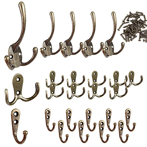 YiliYa Kleiderhaken,25 Stück Wandhaken Vintage Kleider-Haken Antike Garderoben-Haken mit 50 Schrauben für Garderobenhaken Badezimmer Küche Büro(Bronze)