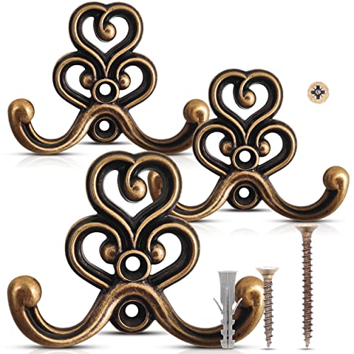 UTiLE 3 Stück Garderobenhaken Vintage Kleiderhaken Bronze Wandhaken [Dekorativ] Stabile Kleiderhaken Wand inkl. 12x Schrauben und 6x Dübel Retro Shabby Chick Landhaus Stil