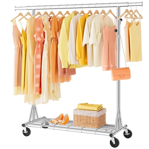 FAVOOSTY Schwerlast Kleiderständer auf Rollen, Garderobenständer Metall, Mobiler Kleiderständer Stabil, Bis 200KG Kleiderwagen Metallm, 1 Min Schnelle Installation