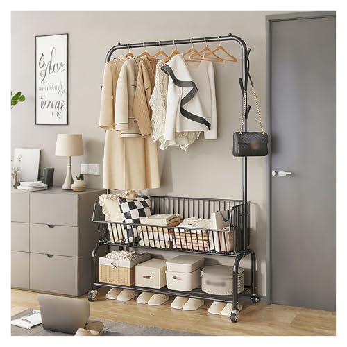 Kleiderständer Kleiderbügel Tragbar, Garderobenständer Metall, Kleiderstange Auf Rollen, Rollbarer Kleiderständer Mit Bodenablagen(Black,90x175x30cm)