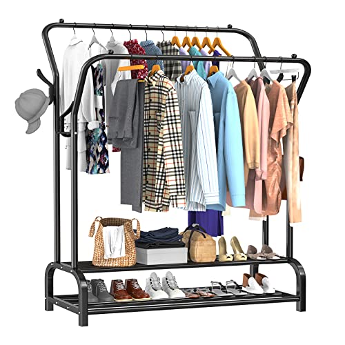 LOEFME Kleiderständer, 110 * 35 * 146cm Kleiderständer Stabil Freistehender Kleiderbügel, Doppelruten Multifunktionale Schlafzimmer Kleiderständer, Minimalismus Kleiderstange Schwarz