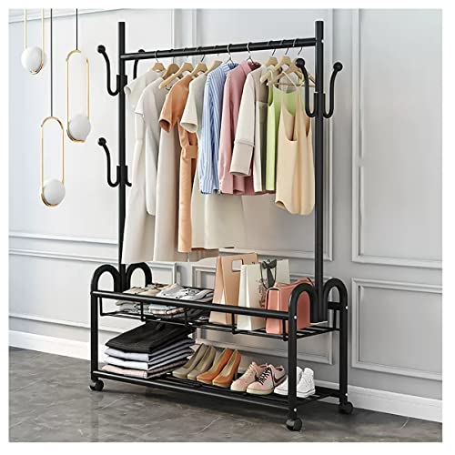 KARMIO Rollbarer Kleiderständer Für Hängende Kleidung Freistehender Metall-Kleiderständer Mit 2 Regalfächern Und 6 Seitlichen Haken Für Das Schlafzimmer (Color : Black, Size : 100x32x165cm)