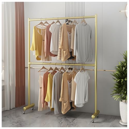 Robuster Kleiderständer Mit Doppelstange, Rollbarer Kleiderständer Aus Metall Mit Rädern, Höhenverstellbarer Kleiderständer Mit Großer Kapazität, Für Schlafzimmer, Wohnzimmer(Gold,120x40x207 cm)