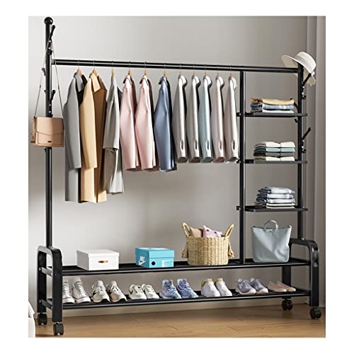 TCXSSL Rollbare Kleiderständer Heavy Duty Rolling Garment Racks 6 Tiers Drahtregal Kleiderständer Mit Aufhängerstangenrädern Und 12 Seitlichen Haken (Color : Black, Size : 125 * 34 * 175cm)