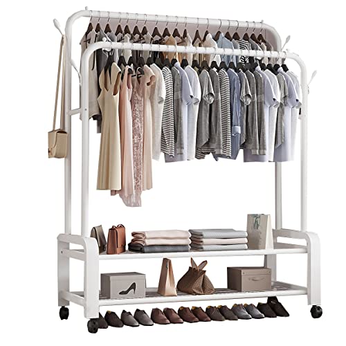 Garderobenständer Kleiderständer mit Doppelstange, Kleiderständer mit Regalen und tragbarem, rollbarem Kleiderständer auf Rädern für das Schlafzimmer im Innenbereich, Wohnzimmer (Farbe: Weiß