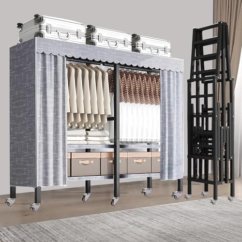 Rollbarer Kleiderständer,Tragbarer Schrank Kleiderständer zum Aufhängen von Kleidung, Metall-Kleiderständer mit Rollen, faltbare Regale, freistehender Kleiderschrank mit Staubschutz (150cm/59in)