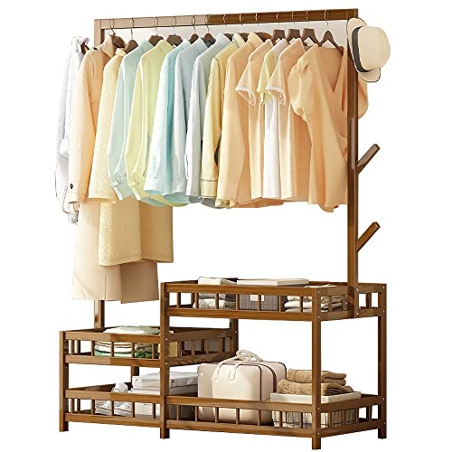 Kleiderständer aus Bambus, groß, mit Zaun, offener Kleiderschrank, Kleiderständer, Kleiderständer aus Bambus, mit Haken, einfach zu montieren, für Familienschlafzimmer, Wohnzimmer, Flur, L: 50/70/80/