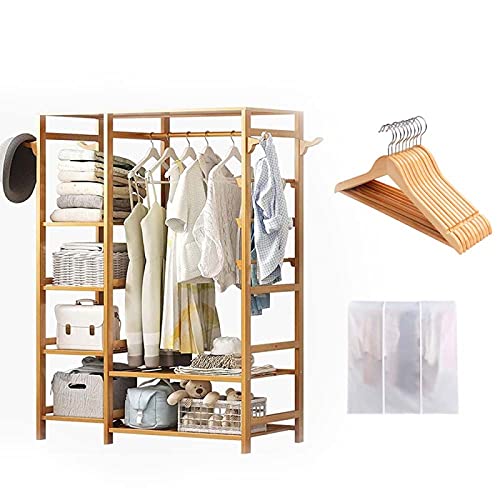 ZLECB Kleiderstange Holz,garderobenständer,4-in-1-Schlafzimmer Kleiderständer Kleiderbügel Stangenaufbewahrung 7 Trennwände und Eine Kleiderstange (mit Schutzhülle + Kleiderbügel)