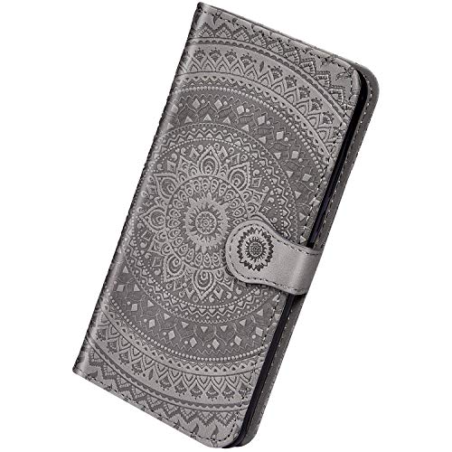 Herbests Kompatibel mit Huawei P30 Pro Leder Hülle Schutzhülle Handyhüllen Vintage Sonnenblume Muster Flip Brieftasche Wallet Tasche Ständer Klapphülle Etui Case Magnetverschluss,Grau