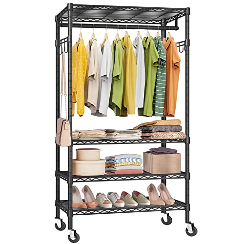 FTEYUET Kleiderständer, Kleiderstange, 4 Tiers Heavy Duty Garderobenständer, Schwarz