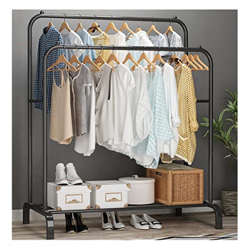 Kleiderständer, einfache Haushaltswaren-Doppelstangen-Kleiderständer mit Bodenregalen, freistehende Doppelstangen-Kleiderständer zum Aufhängen von Kleidung (Color : Black, Size : 110 * 54 * 150cm)