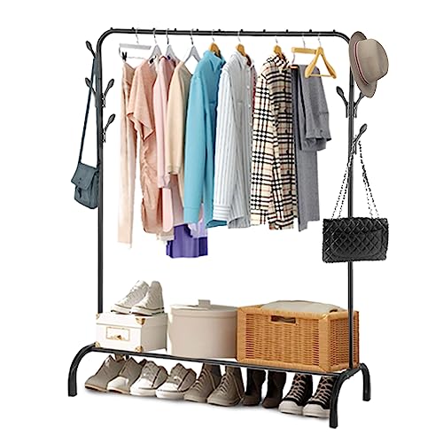 YORKING Kleiderständer Garderobenständer Metall Kleiderstange mit Ablagen 146x110x39cm Freistehender Kleiderbügel Garderobe Wäscheständer Trockengestell Ständer für Schlafzimmer Schwarz