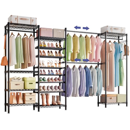 Wooruy Erweiterbarer Kleiderständer mit Schuhregal, Stabiler Kleiderständer mit verstellbaren Ablageflächen, Freistehender Kleiderschrank mit Hängestange und Haken, Metall Kleiderständer auf Rollen