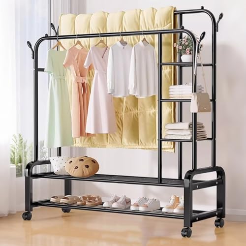 Tragbarer Metall-Kleiderständer mit Aufbewahrungsregalen – Rollbarer Kleiderständer zum Aufhängen von Kleidung, freistehender Kleiderschrank mit Mantel-/Huthaken für Schlafzimmer und Wohnzimmer (150